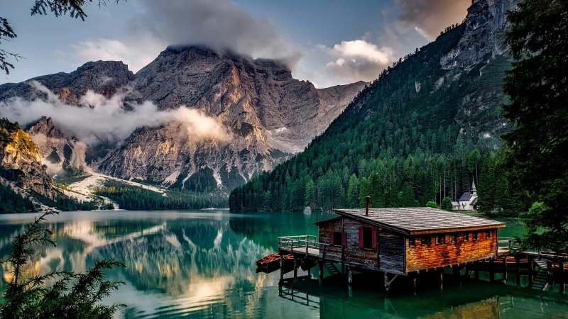 mountain, pragser wildsee, prags dolomites, italy, landscape, sky, tourist attraction, lake, cloud, europe, wilderness, nature, dolomites, mountainous landforms