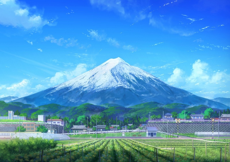 Anime, Mount Fuji, Mountain, Building, Original, 720P, Scenery, Sky, Cloud, Field
