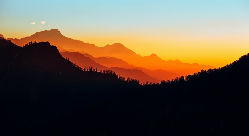 outdoors, mountain peak, 1080P, idyllic, mountain range, sunset, majestic, sky, Nepal, tree, range, tranquil scene, mountains, tranquility, mountain, scenics - nature