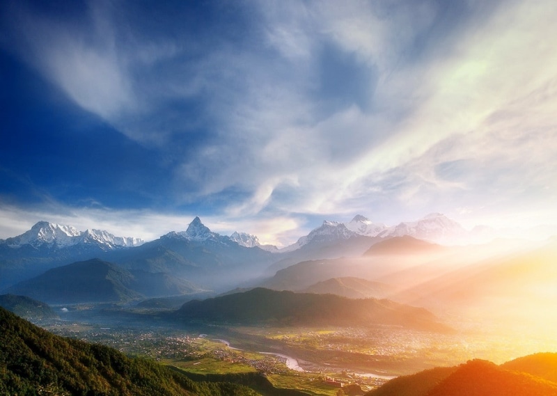 valley, sunlight, Himalayas, snowy peak, city, tranquility, mist, outdoors, sky, mountain, beauty in nature, no people, sunbeam, scenics - nature, Nepal