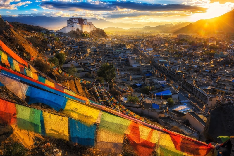 Lhasa, cityscape, Buddhism, flag, nature, 1080P, mountains, landscape, Tibet, monastery, sunset, clouds, temple