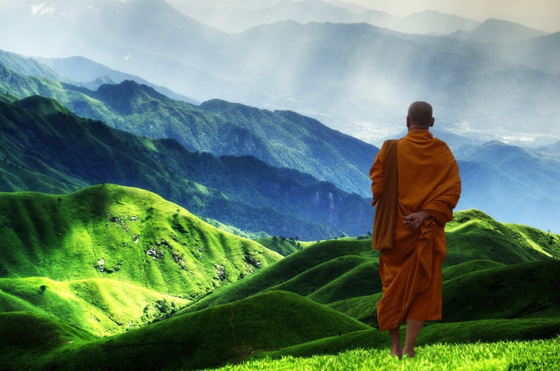 one person, faith, pray, orange, leisure activity, green Color, non-urban scene, hill, 1080P, real people, full length, tranquility, monk, landscape, holy