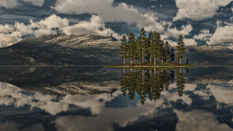 tranquility, 1080P, landscape, grass, leafed, water, green, tree, horizon, sky, digital art, outdoors, symmetry, standing water, scenics - nature, forest