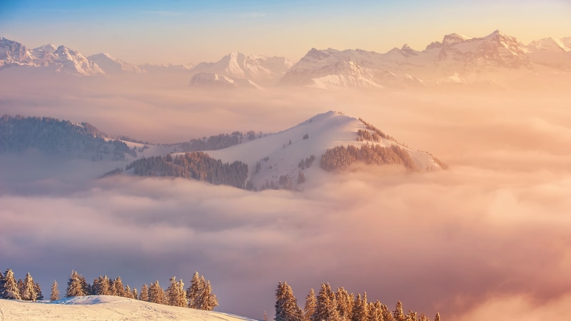 mountains, winter, forest, 4K, landscape, nature, sky, cold temperature, tranquil scene, non-urban scene, no people, mountain, beauty in nature, snowcapped mountain