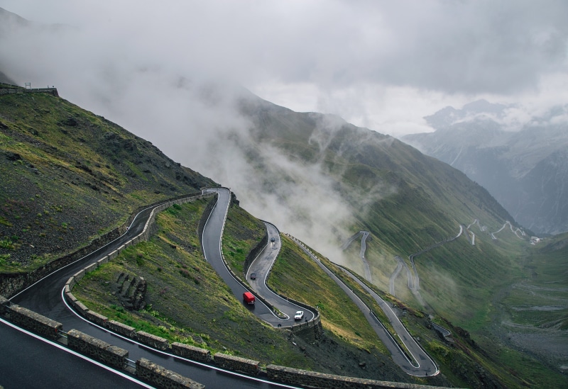 car, mountain road, zigzag, 5K, cloud, covered, nature, landscape, mountain range, scenics, winding road, non-urban scene, outdoors, highway, beauty in nature