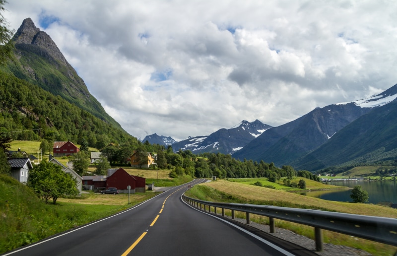 top road, daytime, landscape, mountain, mountains, nature, rocky mountains, white, lake, europe, white sky, road, rocky, across, Sykkylven, sky, scenics