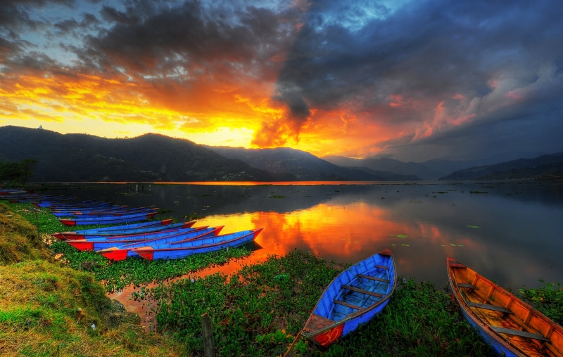 4K, outdoors, landscape, nature, reflected, reflection, nautical Vessel, Phewa Lake, Sunset, phewa, Pokhara, colorful, near, sunsets, lake, scenics, water