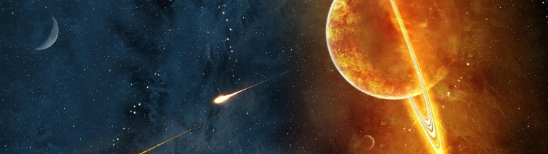 sky, panoramic, fire, yellow, space, illustration, astronomy, multiple display, orange color, air vehicle, burning, outdoors, nature, science, star - space