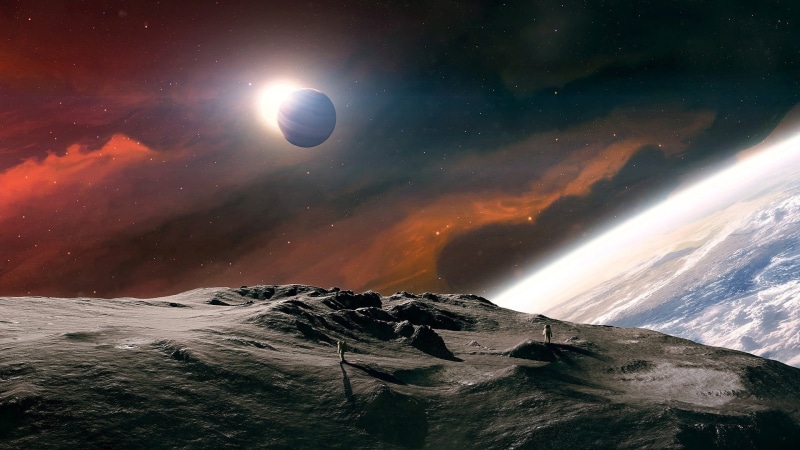 Sun, stars, mountain, landscape, moon, astronomy, winter, beauty in nature, shadow, nature, cold temperature, mountain peak, sky, space art, star - space