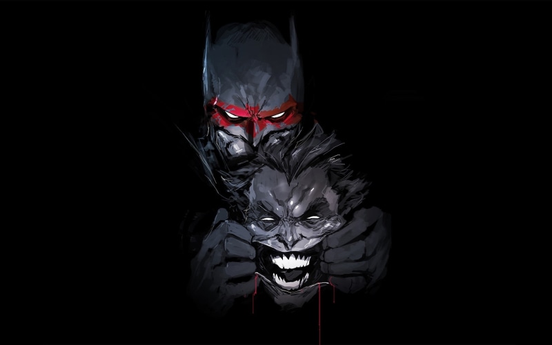batman, real people, looking at camera, dc universe, portrait, black background, indoors, festival, dark, red, artwork, domestic room, studio shot, Others