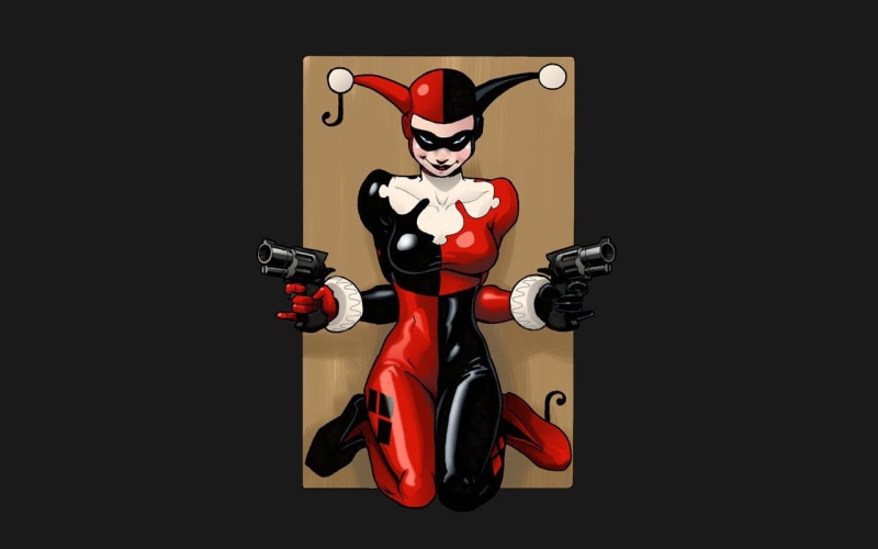 sport, front view, representation, technology, Harley Quinn, indoors, 720P, mask, human representation, black background, harley, universe, dc, studio shot