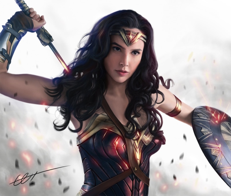 portrait display, digital art, fictional characters, diana prince, ArtStation, dark hair, long hair, 1080P, DC Universe, Bark Ross, Wonder Woman, red