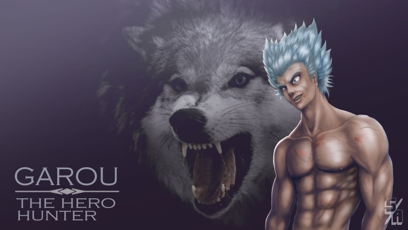 Saitama, 4K, Genos, wolf, black background, OPM, studio shot, pets, emotion, one person, hero, one animal, mammal, domestic animals, villains, dog, waist up