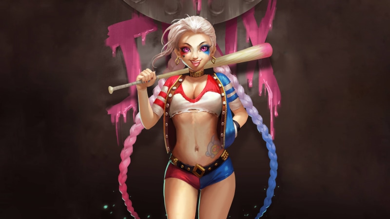 4K, Baseball bat, Pigtails, Eyes, Villain, Language, Harley Quinn, Jinx, Braids, Tongue, The villain, Hair, Comics, Look, Shorts, DC Comics, Chest, League