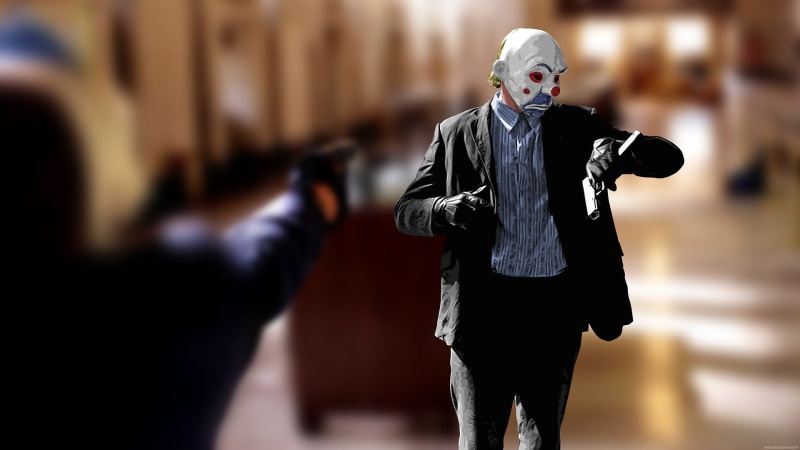 movie, clowns, 1080P, standing, digital art, MessenjahMatt, women, movies, Batman, holding, still, selective focus, three quarter length, clown, gun, The Dark Knight