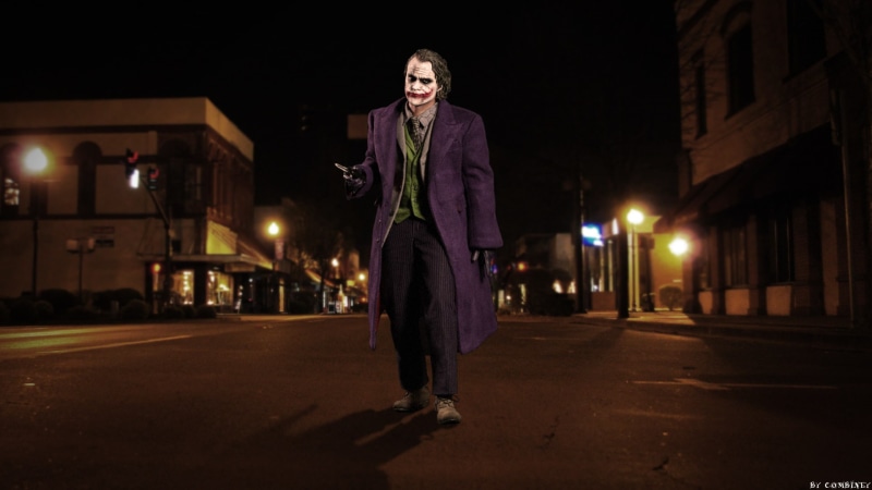 night, city, building exterior, adult, The Dark Knight, Joker, standing, architecture, looking at camera, street light, outdoors, Batman, road, Heath Ledger