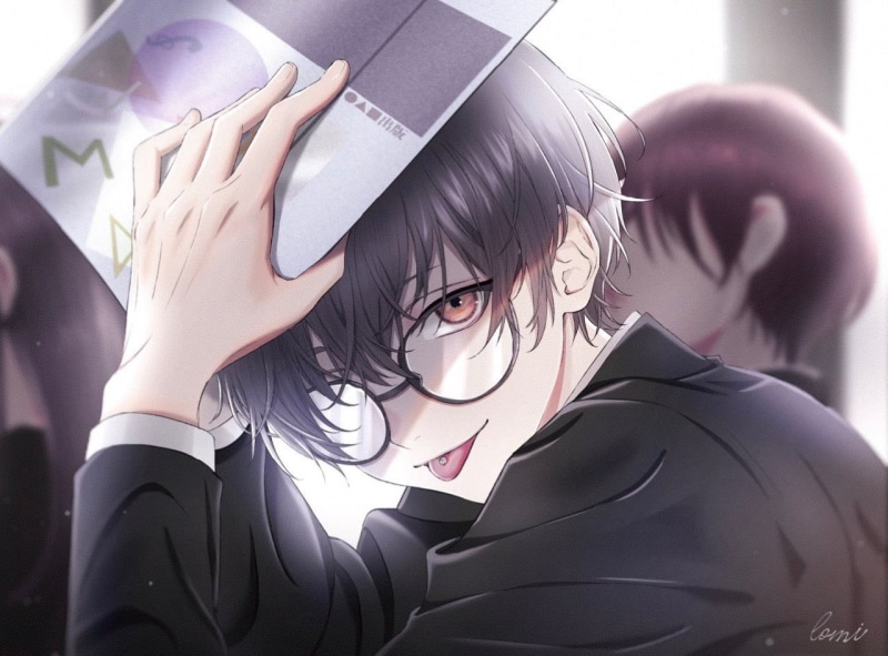 black hair, anime boys, glasses, Male, dark hair, brown eyes, tongue out, classroom, school uniform, 720P, books, pierced tongue