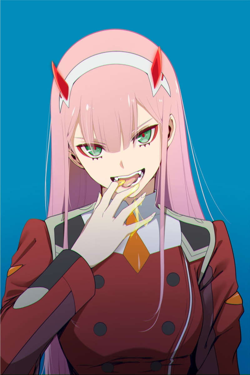facial expression, blue background, multi colored, Zero Two (Darling in the FranXX), pink color, 720P, pink hair, red, one person, adult, colored background