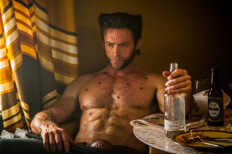 drinking, food and drink, one person, X-Men, chest, glass, decors, Logan, portrait, wooden, semi-dress, shirtless, brown, furniture, alcohol, men, sitting