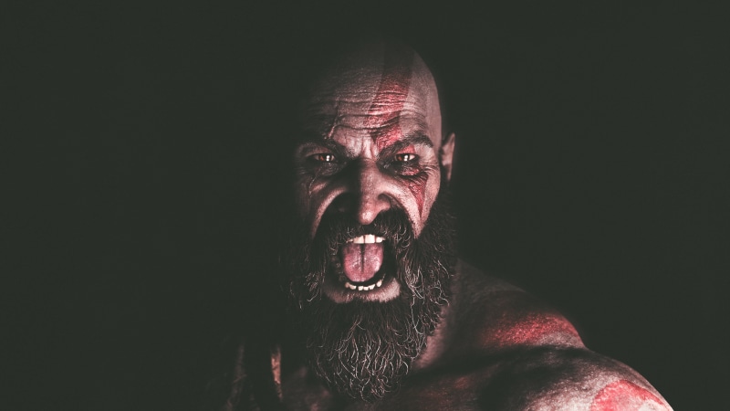 furious, frustration, looking at camera, human face, mouth, ps games, headshot, dark, 4k, kratos, god of war, facial hair, games, negative emotion, portrait