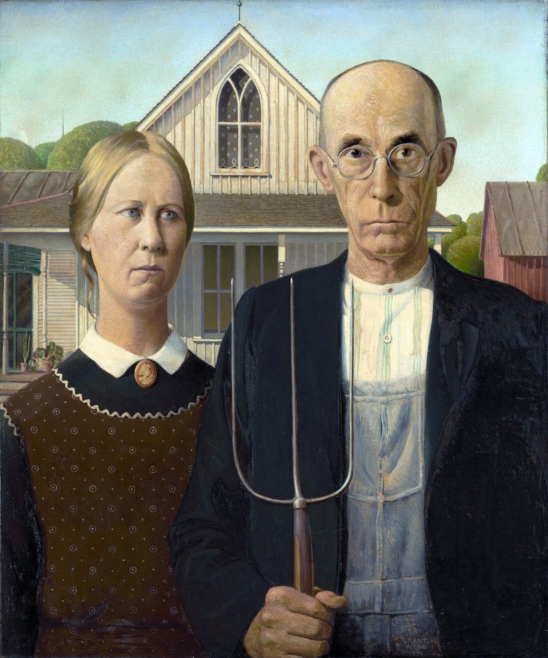 looking at camera, building exterior, woman, males, standing, man, 1930, females, senior adult, grant wood, waist up, people, women, portrait, gothic, day