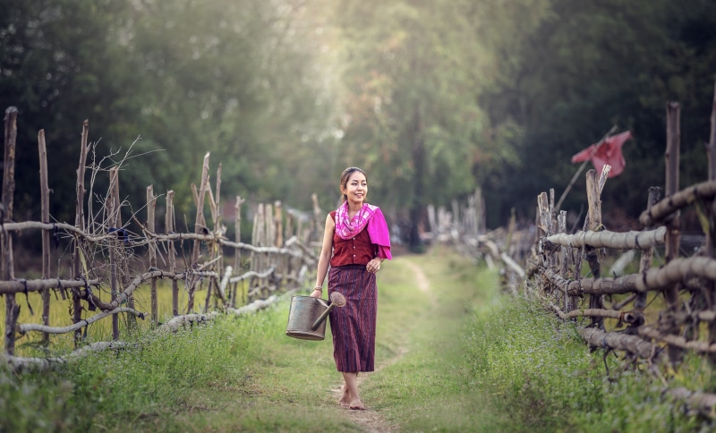 the job, operator, beauty, young women, 5K, tree, red, thailand, myanmar burma, watering, strong, countryside, clothing, front view, background, farmer