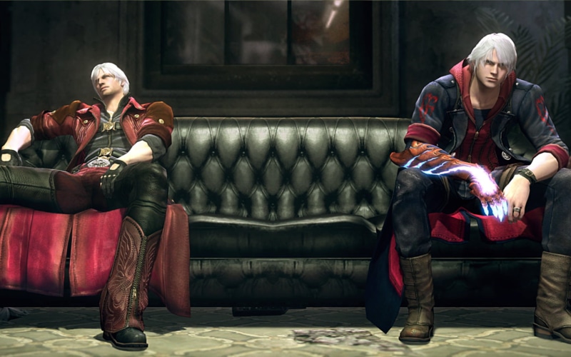 men, DmC: Devil May Cry, devil, two People, males, caucasian Ethnicity, casual clothing, living Room, togetherness, may, full length, young Adult, red