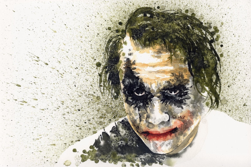 indoors, portrait, 1080P, water, art and craft, close-up, lifestyles, dirty, Heath Ledger, looking at camera, digital composite, Batman, one person, front view
