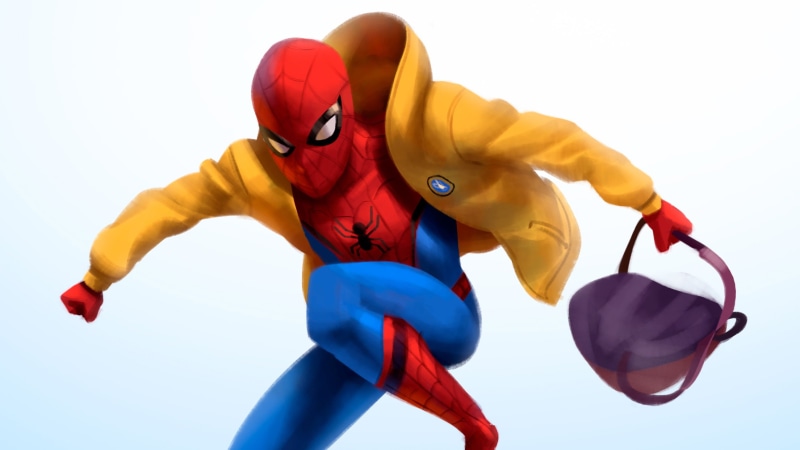 protection, human limb, spiderman, headwear, yellow, playing, young adult, adult, one person, vitality, artwork, helmet, sport, lifestyles, motion, determination