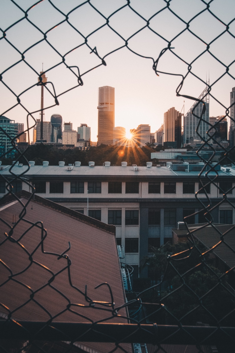 high, office building exterior, barrier, 4K, link, boundary, metal, safety, sunrise, sunset, built structure, building exterior, direct, chain link, fence