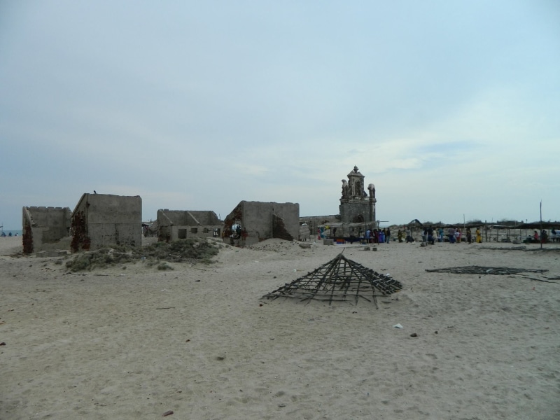sea, building exterior, travel, nature, land, cyclone, built structure, beach, outdoors, cloud - sky, history, city, sky, dhanushkodi, travel destinations