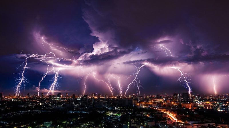 sky, 4K, evening, phenomenon, city, thunder, cityscape, storm, night, lightning, metropolis, cloud, thunderstorm