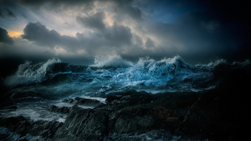 motion, beauty in nature, sea, scenics - nature, power, aquatic sport, rock, 1080P, surfing, blue, waves, sky, water, body, storm, cloud - sky, aggression