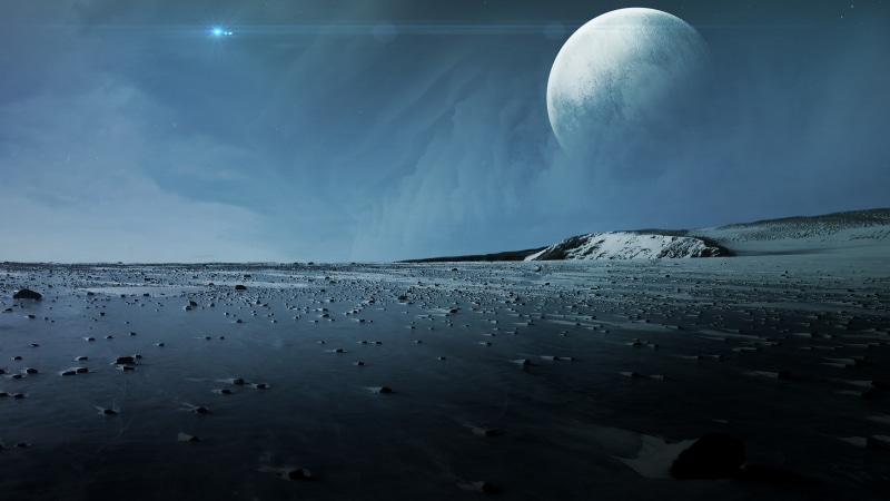 planet, horizon, landscape, moon, surface, alien planet, sky, ice, 4K, fantasy landscape