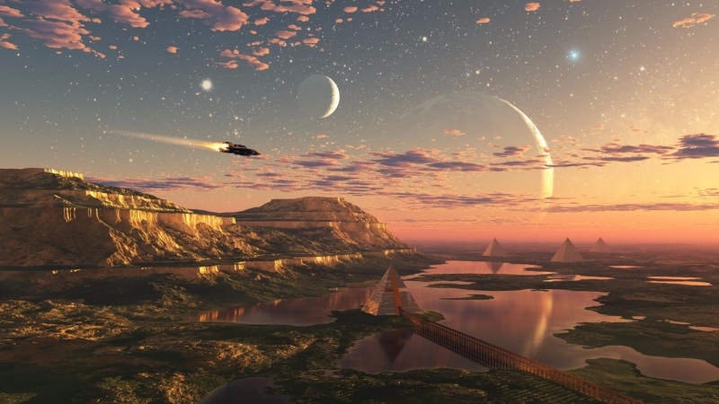 sky, fantasy city, scifi, pyramid, 1080P, fantasy landscape, earth, landscape, fantasy art, sci-fi, pyramidship, fantasy world, reflection, space art