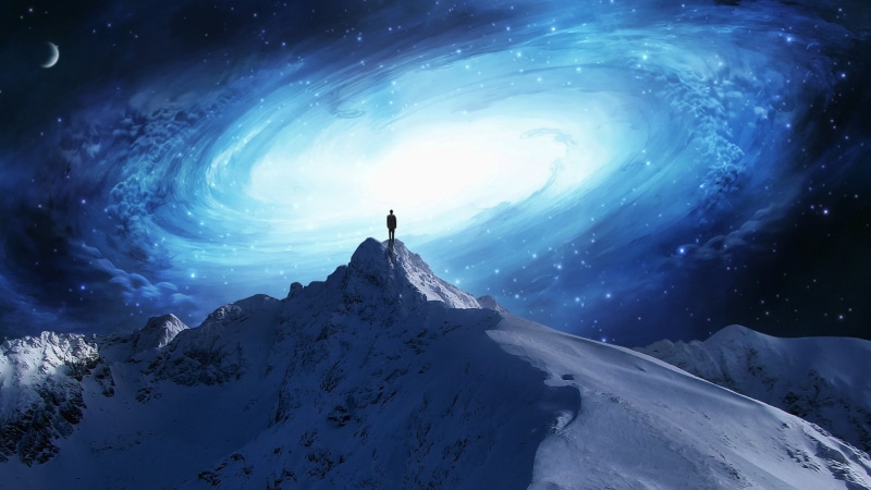men, landscape, night, galaxy, space, fantasy art, space art, snow, artwork, universe, sky, Lonely Myself Saga, concept art, mountains, 1080P, digital art