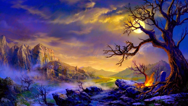 night, 1080P, tree, fantasy landscape, moon, full moon, moonlight