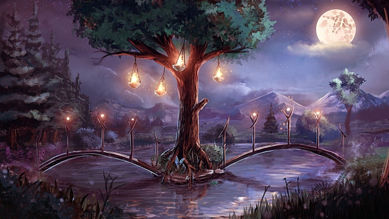 pond, bridge, night, full moon, lantern, fantasy landscape, moon, 1080P, artwork, fantasy art, moonlight