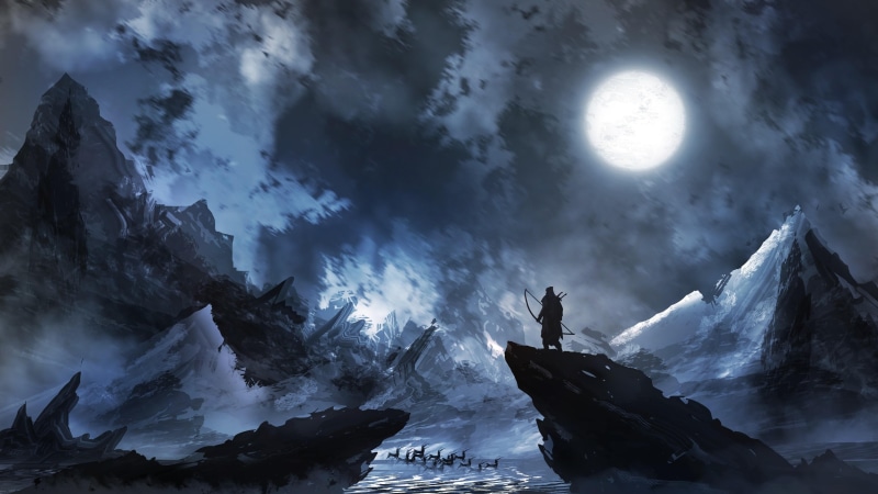 art, mountain, 4K, landscape, sky, moon, darkness, freezing, fantasy art, moonlight