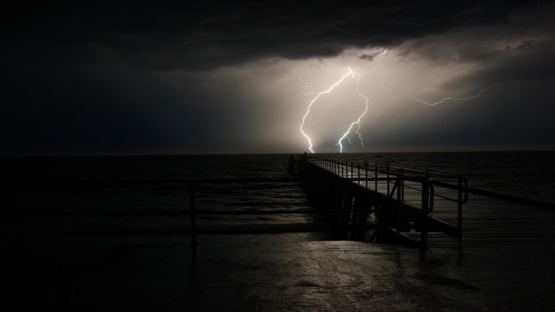 thunderstorm, beauty in nature, power in nature, horizon over water, water, forked lightning, brown, power, outdoors, 1080P, scenics - nature, dock, pier