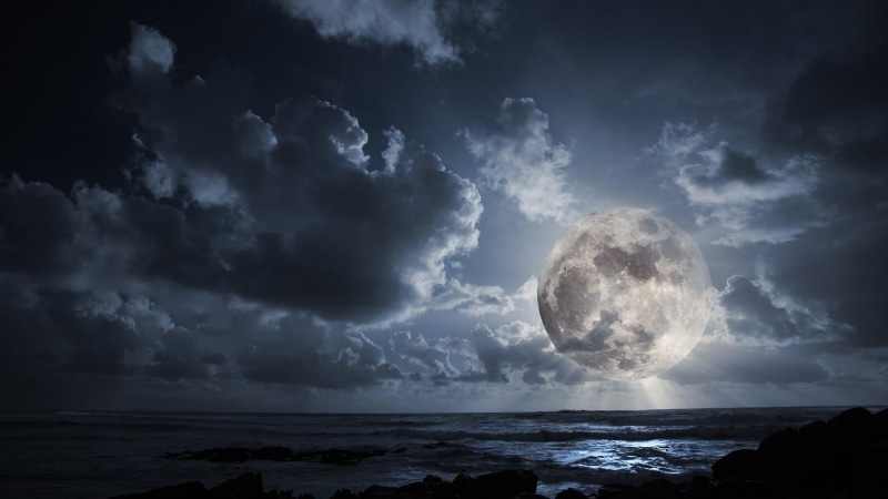 full moon, cloud - sky, tranquility, 1080P, night sky, moon, sky, no people, power in nature, outdoors, scenics - nature, sea, beauty in nature, astronomy