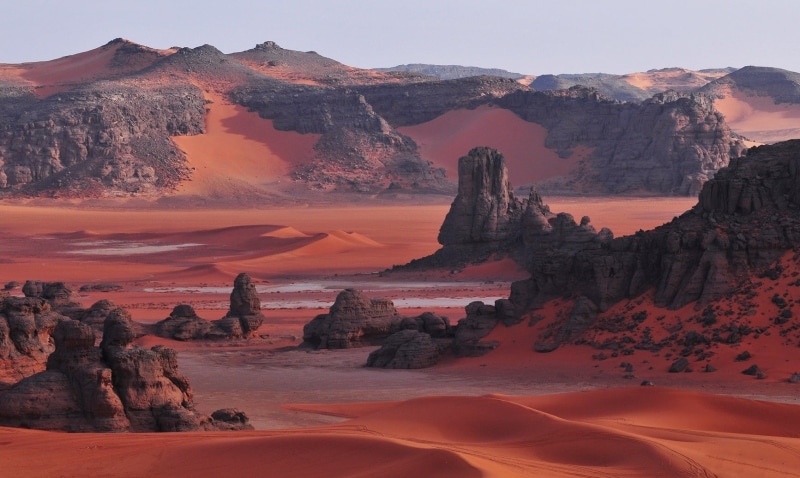 remote, landscape, red, arid climate, desert, dune, tranquility, land, mountain, sunset, solid, idyllic, grand, rock formation, rock - object, climate