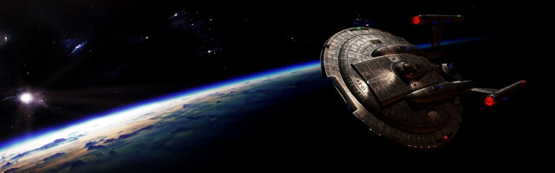 architecture, astronomy, digital composite, transportation, space, sky, USS Enterprise (spaceship), mode of transportation, dual monitors, orbiting, night