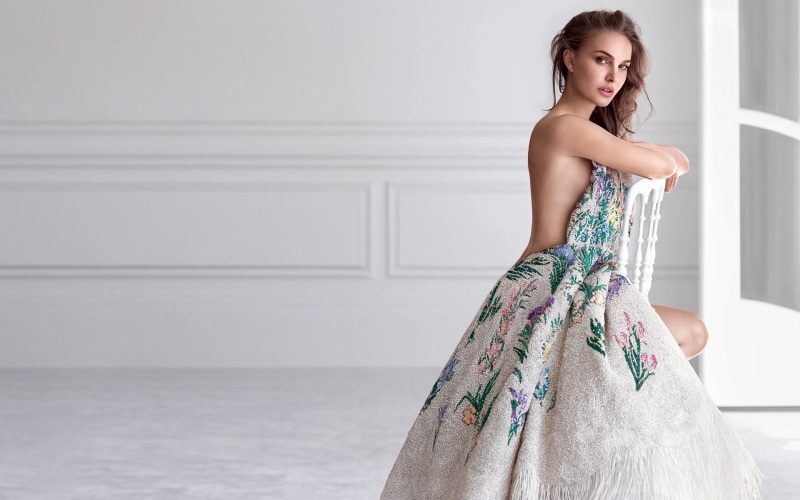 looking at camera, portrait, adult, off shoulder, fashion, lifestyles, women, 1080P, young women, dress, backless, standing, Natalie Portman, one person