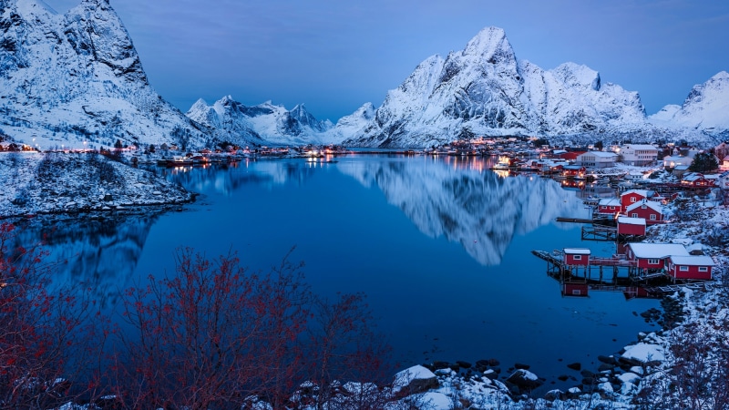 europe, red houses, landscape, 4K, twilight, photography, reinefjord, evening, reflection, reine, dusk, fjord, norway, lofoten