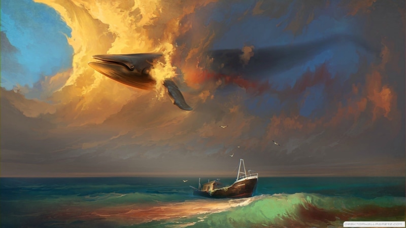 dusk, digital composite, travel, whale, cloud - Sky, nautical Vessel, mode of transportation, wave, bird, waterfront, gray, scenics, island, sunrise - Dawn