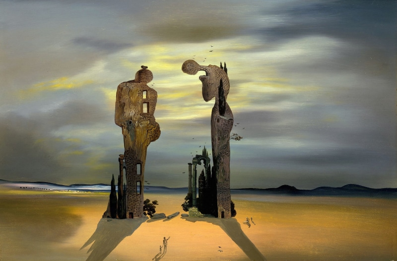 human, painting, statues, representation, sand, beach, sky, sea, field, reflection, picture, nature, abstract, Salvador Dali, surrealism, tranquil scene
