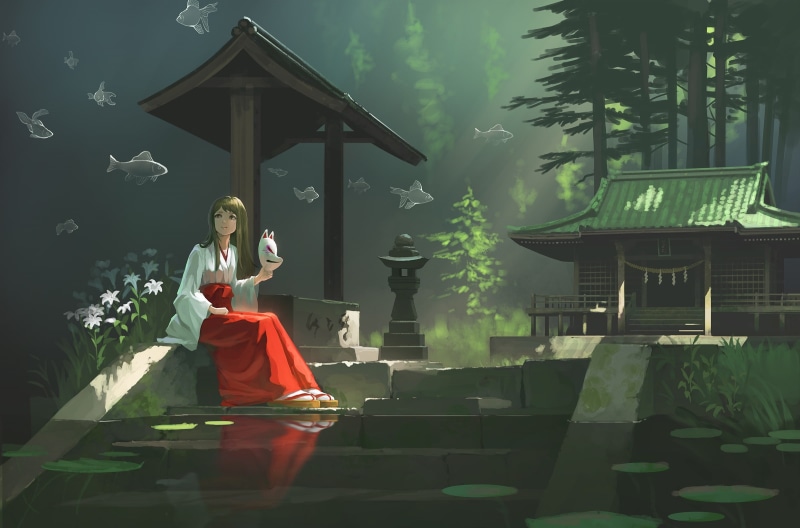2D, miko, flowers, surreal, fox mask, looking away, water lilies, anime girls, temple, portrait, forest, water, mask, trees, 1080P, long hair, fish, digital art