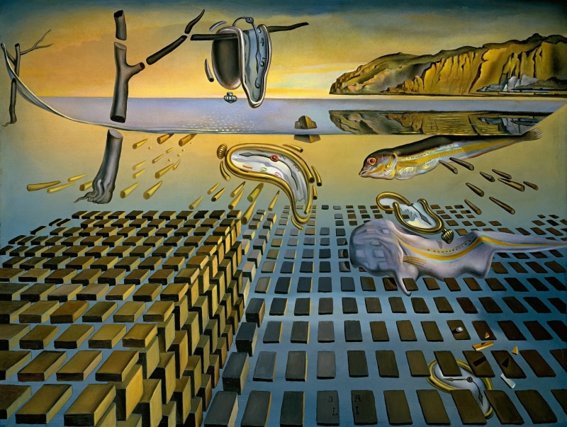 The Disintegration Of Persistence Of Memory, Salvador Dali, art and craft, 2K, glass - material, water, architecture, building, indoors, creatures, history