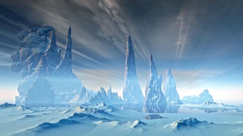 winter, freezing, 8K, arctic, fantasy landscape, fantasy art, scifi, science fiction, artwork